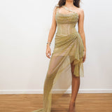 Gold mesh ruching top with lace up back dress with crystal gold strap details for hire