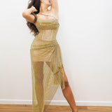 Gold mesh ruching top with lace up back dress with crystal gold strap details for hire