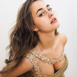 Gold mesh ruching top with lace up back dress with crystal gold strap details for hire