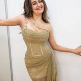 Gold mesh ruching top with lace up back dress with crystal gold strap details for hire