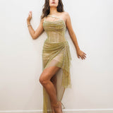 Gold mesh ruching top with lace up back dress with crystal gold strap details for hire