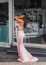 Zara baby pink satin two piece dress for hire