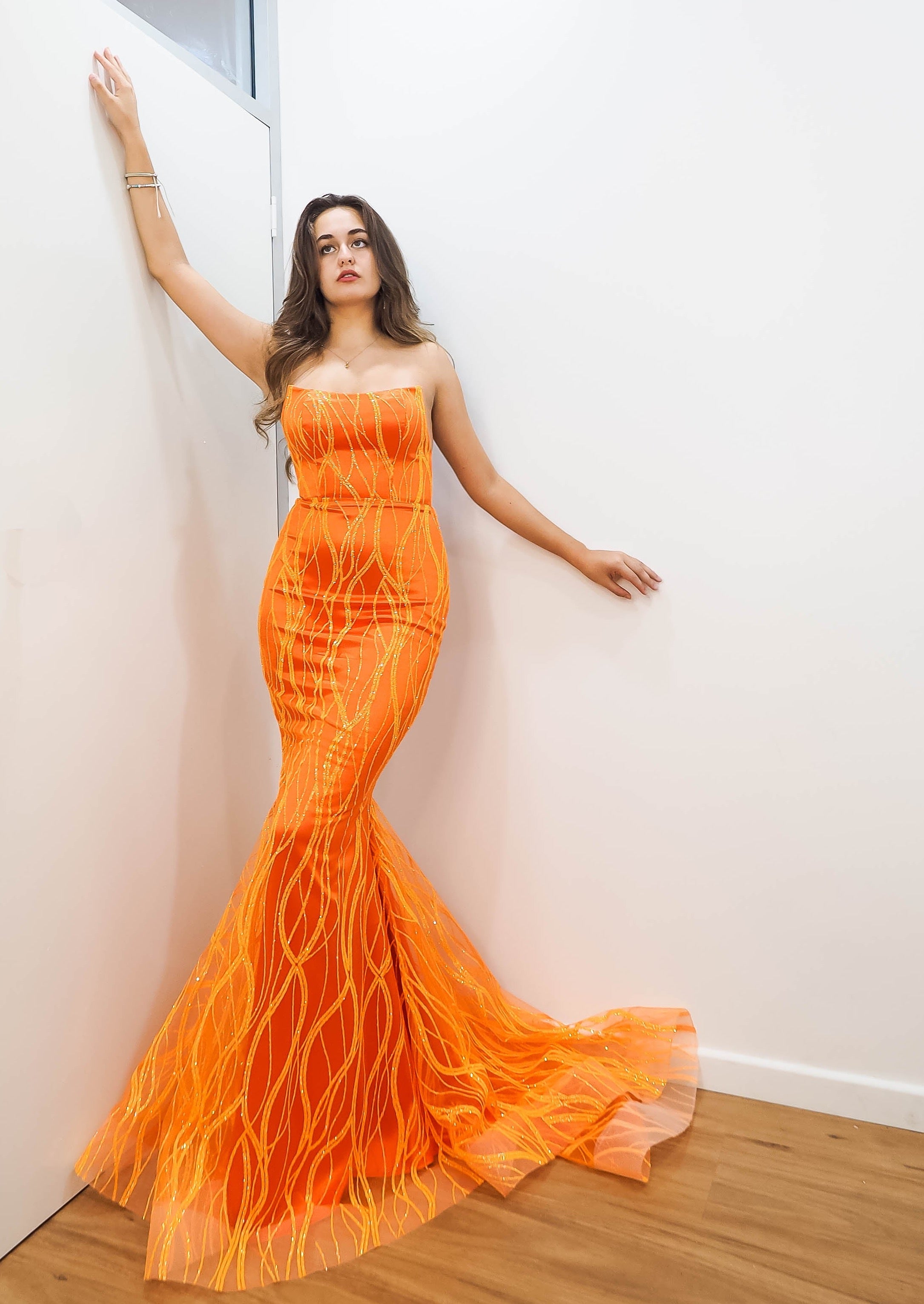 Sparkling orange mermaid dress crescent moon neckline