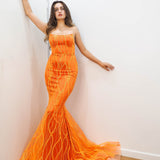 Sparkling orange mermaid dress crescent moon neckline for hire