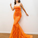 Sparkling orange mermaid dress crescent moon neckline