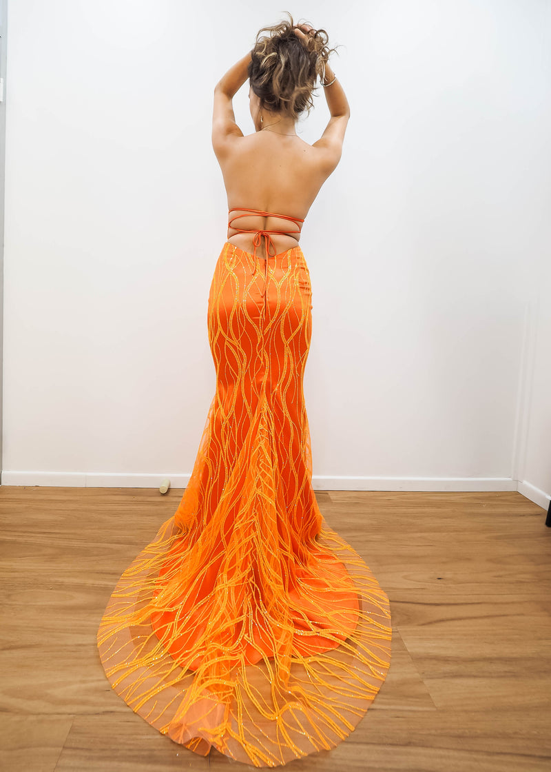 Sparkling orange mermaid dress crescent moon neckline
