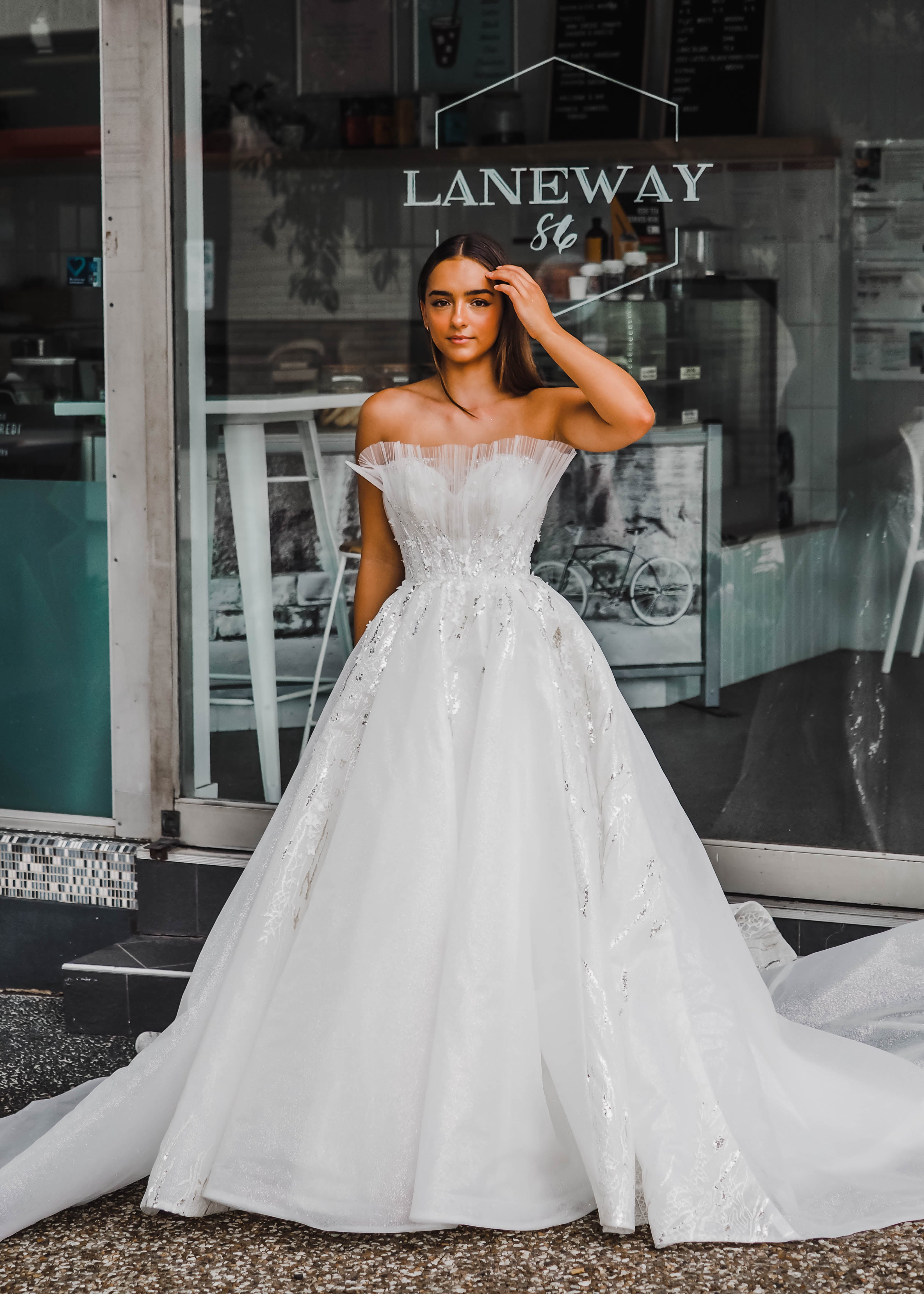 pleated tulle wedding dress Vintage vibe spot tulle wedding dress pleated tulle tiered layers A-line bridal gowns off the shoulder sweep train custom bridal dress ivory