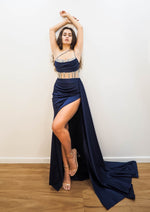 Navy blue satin column dress with 2 sparkling angle straps and high slit