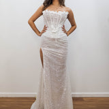 Sparkling white sequence and beading all over column dress with 3D flowers for hire