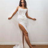 Sparkling white sequence and beading all over column dress with 3D flowers for hire