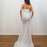Sparkling white sequence and beading all over column dress with 3D flowers for hire