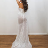 Sparkling white sequence and beading all over column dress with 3D flowers for hire