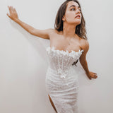 Sparkling white sequence and beading all over column dress with 3D flowers for hire