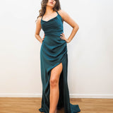 Forest green satin cowl neck with ruching mermaid dress for hire
