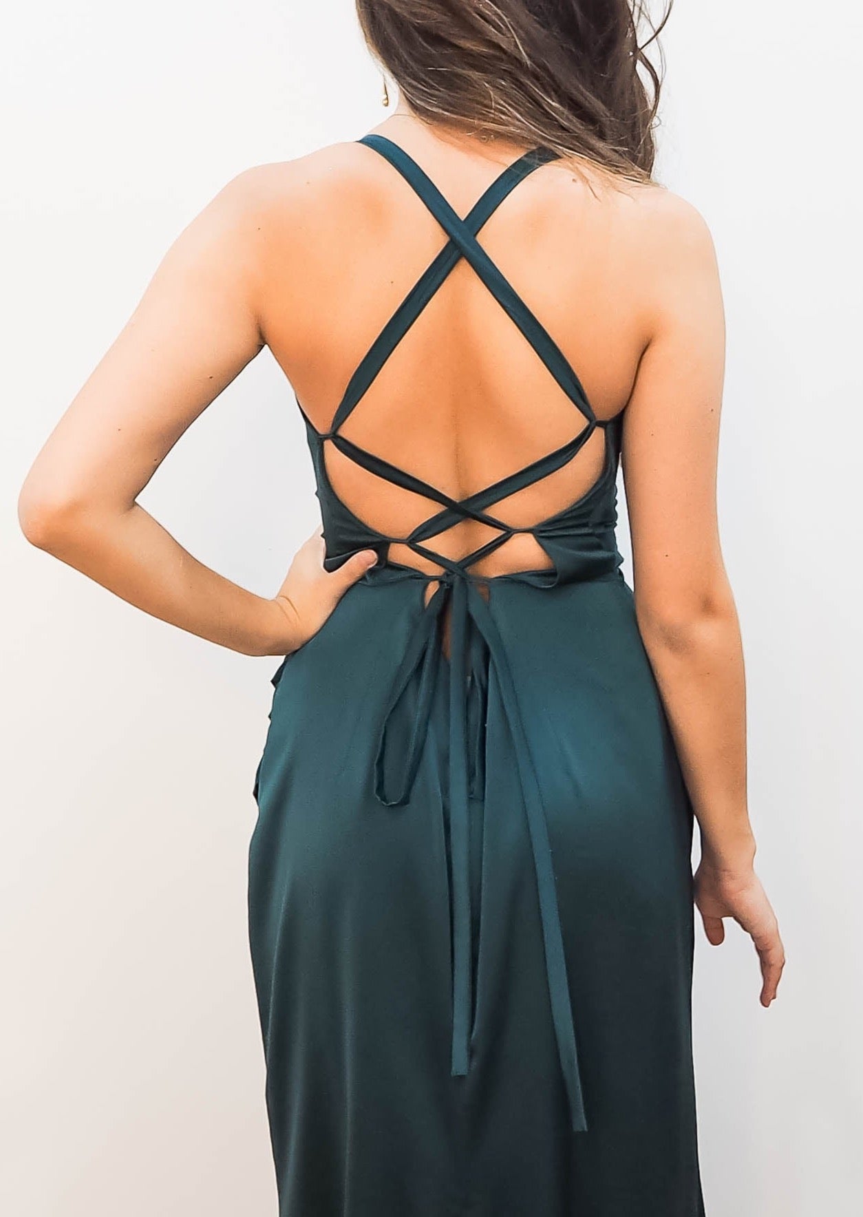 Forest green satin cowl neck with ruching mermaid dress Forest green satin cowl neck with ruching mermaid dress