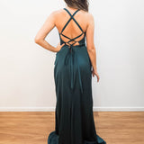 Forest green satin cowl neck with ruching mermaid dress for hire