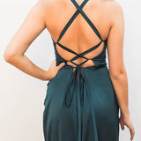 Forest green satin cowl neck with ruching mermaid dress for hire