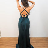 Forest green satin cowl neck with ruching mermaid dress for hire