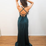 Forest green satin cowl neck with ruching mermaid dress for hire