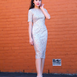 Silver beaded lace dress