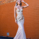 Sparkling gold bustier mermaid dress for hire