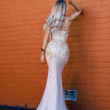 Sparkling gold bustier mermaid dress for hire