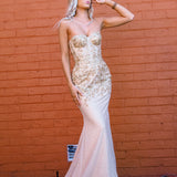 Sparkling gold bustier mermaid dress for hire