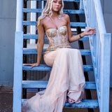 Sparkling gold bustier mermaid dress for hire