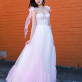 Polka dot baby pink bustier dress with lace up back