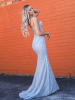 Sparkling silverbustier mermaid dress for hire