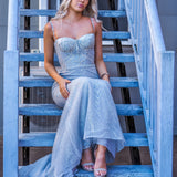 Sparkling silverbustier mermaid dress for hire