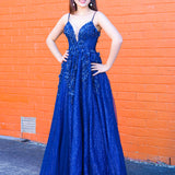 Sparkling navy blue 3D flower princess dress for hire