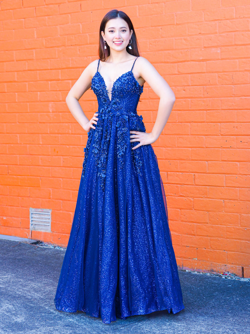 Sparkling navy blue 3D flower princess dress for hire
