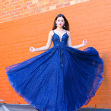 Sparkling navy blue 3D flower princess dress for hire