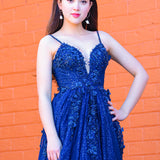 Sparkling navy blue 3D flower princess dress for hire