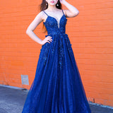 Sparkling navy blue 3D flower princess dress for hire