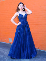 Sparkling navy blue 3D flower princess dress for hire