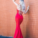 Red beaded lace V neck mermaid dress