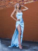 Baby Blue Satin with crescent moon and a high slit