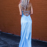 Baby Blue Satin with crescent moon and a high slit