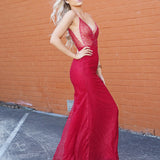 Deep Red V neckline with Open back mermaid dress for hire