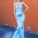 Everly steel blue satin mermaid dress with beaded lace top and lace up back (sales)
