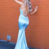 Steel blue satin mermaid dress with beaded lace top and lace up back