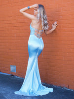 Everly steel blue satin mermaid dress with beaded lace top and lace up back