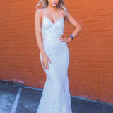 White with blue sequin lace top mermaid dress for hire