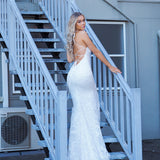 White with blue sequin lace top mermaid dress for hire