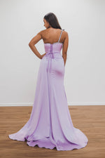 Baby Purple Satin with one off shoulder with ruching and a high slit for hire