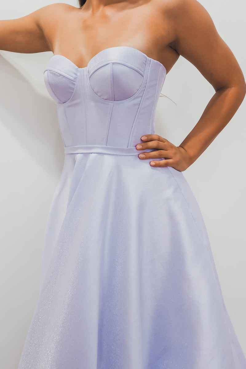 Lilac metallic taffeta bustier dress for hire