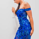Vibrant Royal Blue Feather Dress for hire
