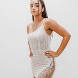 Nude Sparkling Pearls Short Dress for hire